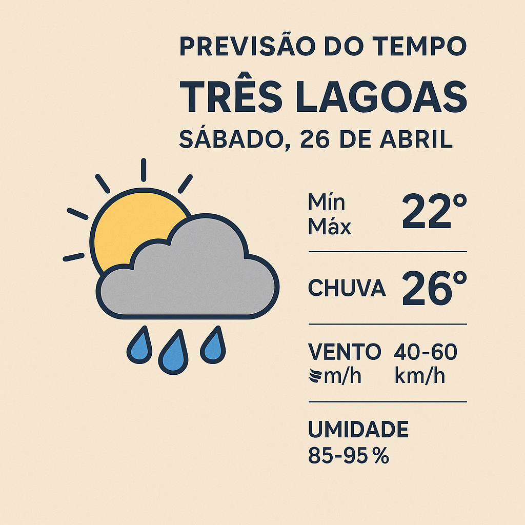 Apesar do sol pela manhã, sábado em Três Lagoas terá chuva, tempo fresco e alerta de ventania