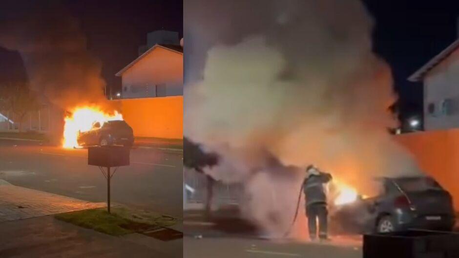 Moradora vê carro pegando fogo e se desespera: Moradora vê carro pegando fogo e se desespera: 'Mais de 50 carros passaram e só um parou'