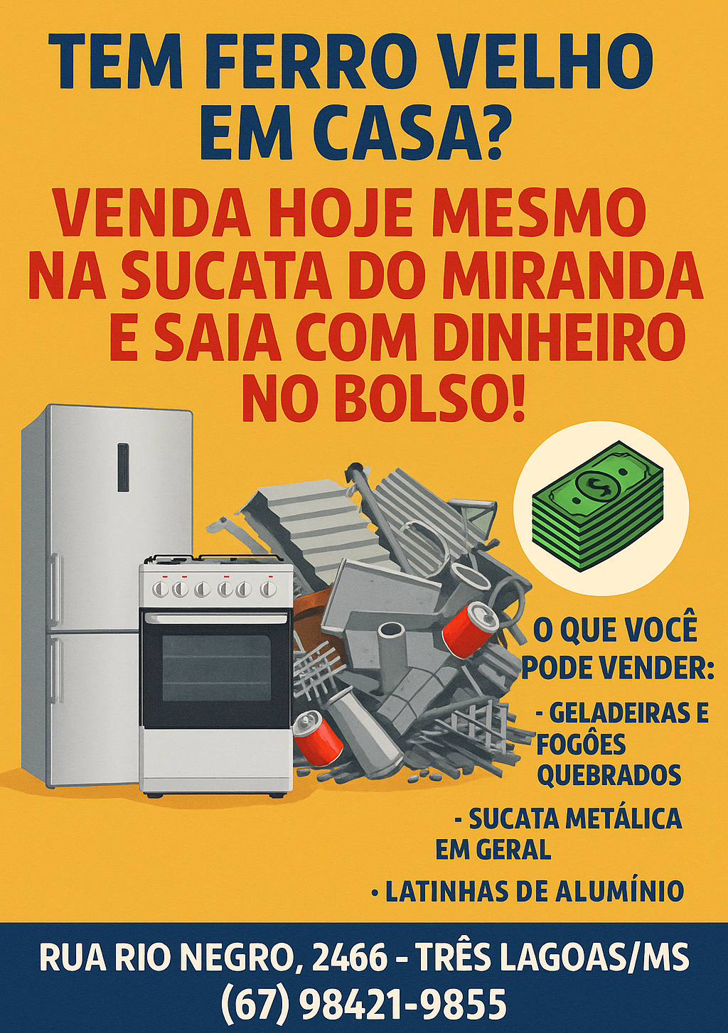 Sucata do Miranda voltou a atender normalmente nesta terça em Três Lagoas; venda suas latinhas, sucata e ganhe dinheiro Sucata do Miranda voltou a atender normalmente nesta terça em Três Lagoas; venda suas latinhas, sucata e ganhe dinheiro