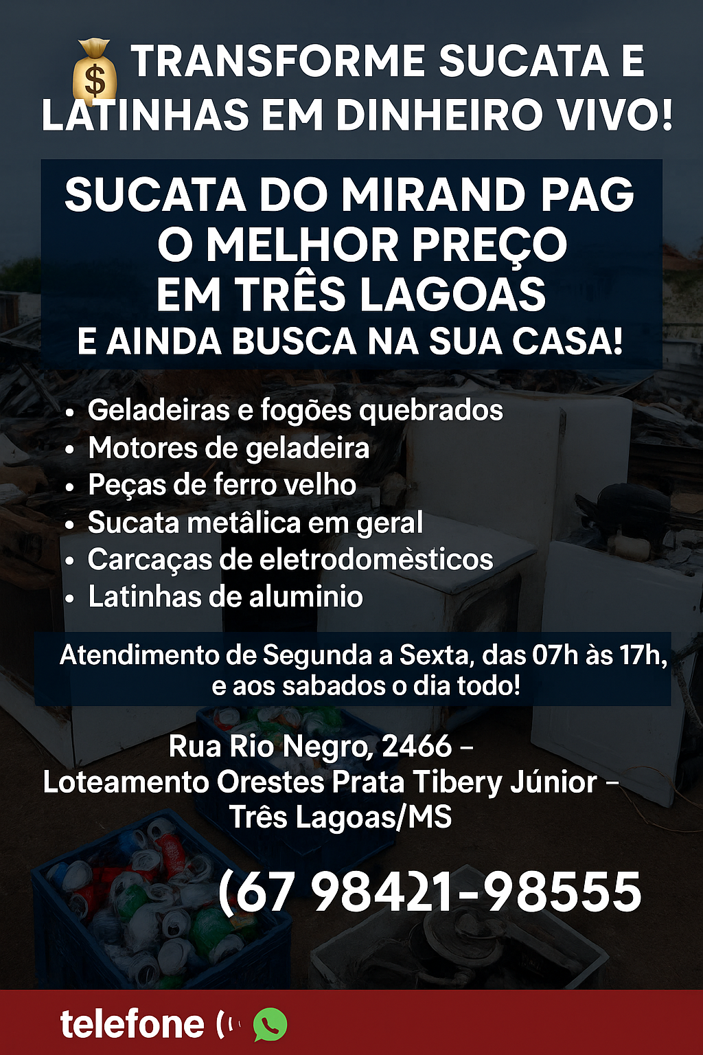 Transforme sucata e latinhas em dinheiro vivo: Sucata do Miranda paga o melhor preço em Três Lagoas e ainda busca na sua casa