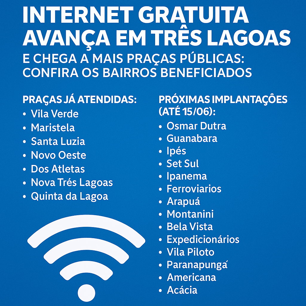 Internet gratuita avança em Três Lagoas e chega a mais praças públicas: confira os bairros beneficiados Internet gratuita avança em Três Lagoas e chega a mais praças públicas: confira os bairros beneficiados