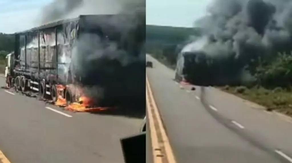 Carreta pegando fogo assusta motoristas na BR 158 em Três Lagoas