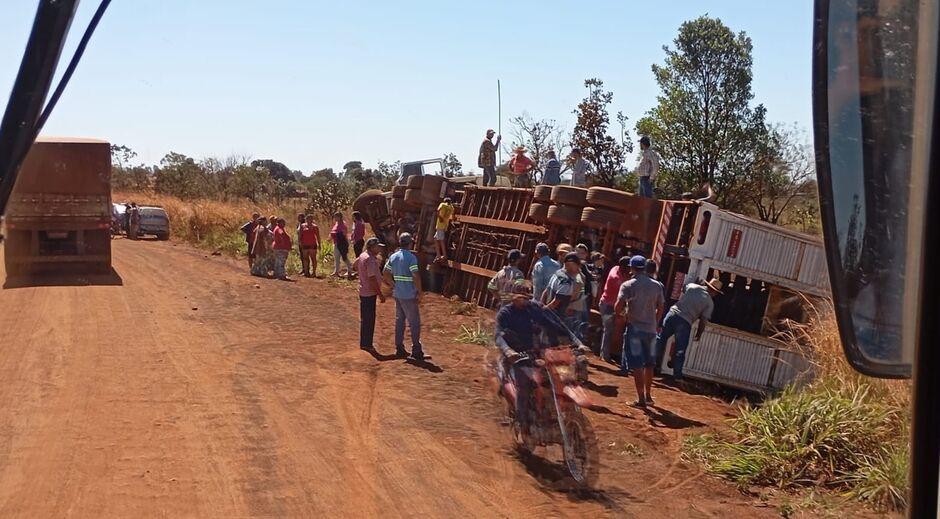 Caminhão boiadeiro tomba em estrada de Sidrolândia e animais ficam soltos na região 