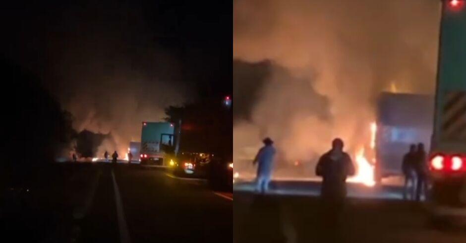 Carreta de celulose pega fogo na MS-377, em Água Clara  