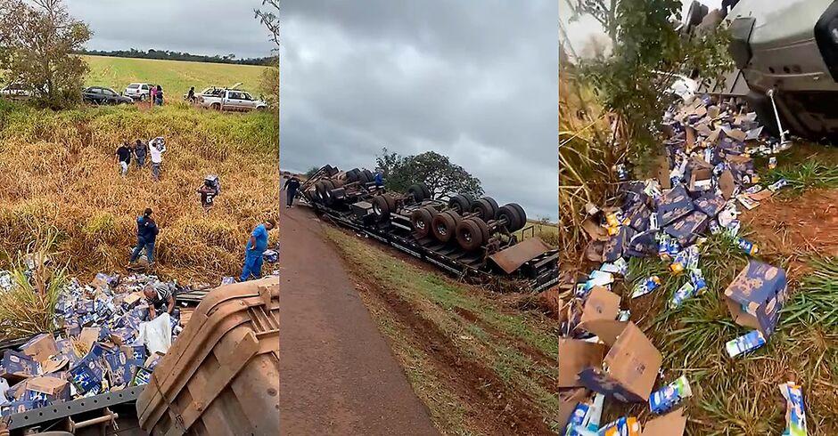 Carreta tomba e carga de alimentos é saqueada na BR-163  