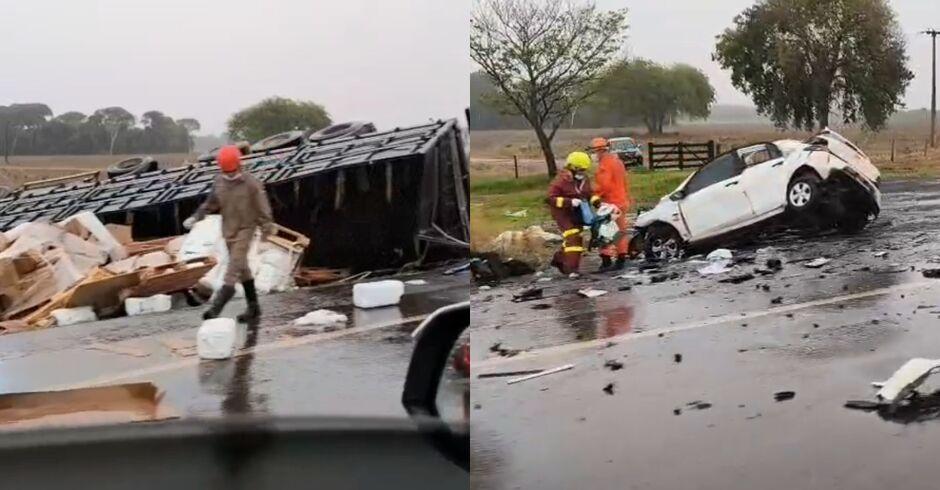 Carro parte ao meio e motorista morre em acidente com carreta na BR-163, em Douradina  