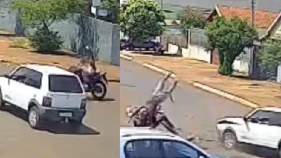 Mesmo arremessado em batida com carro, motociclista sai andando em Rio Brilhante 