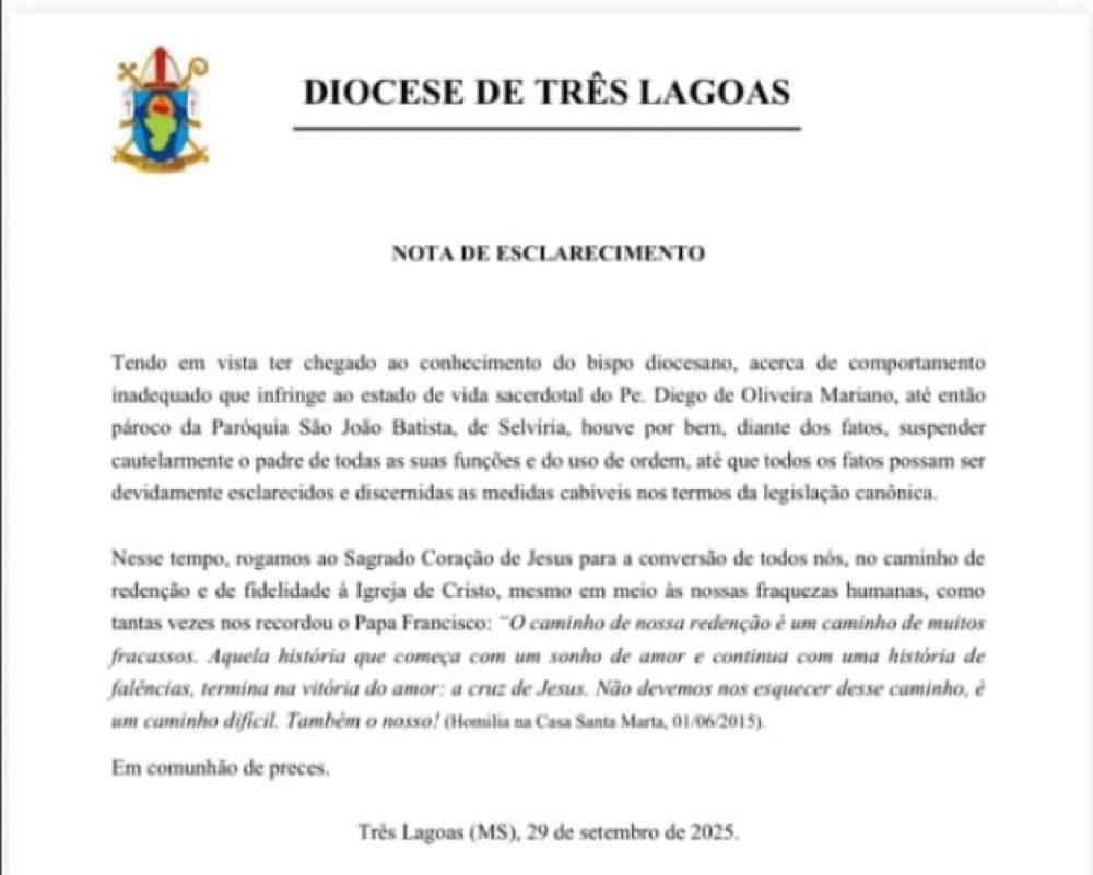 Padre é afastado pela Diocese de Três Lagoas após denúncia de conduta incompatível com vida sacerdotal