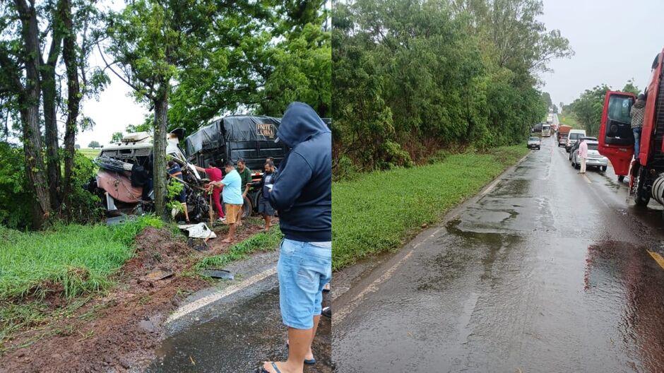 Caminhoneiro fica preso às ferragens após bater em árvore na BR-376