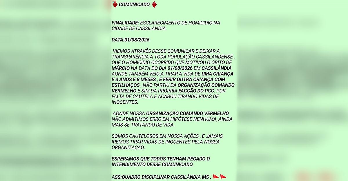 Perfil atribuído ao CV nega participação em ataque que matou pai e filha em Cassilândia Perfil atribuído ao CV nega participação em ataque que matou pai e filha em Cassilândia
