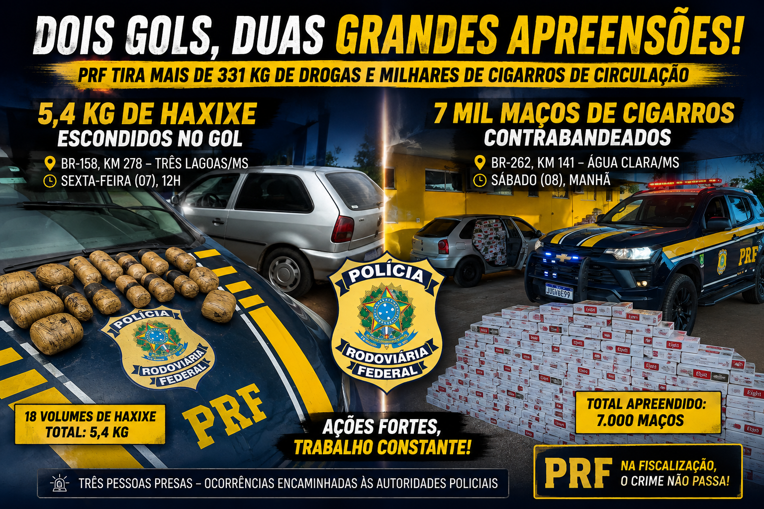 Dois Gols, duas apreensões e muita coisa escondida: PRF pega haxixe em Três Lagoas e 7 mil maços de cigarros na BR-262 Dois Gols, duas apreensões e muita coisa escondida: PRF pega haxixe em Três Lagoas e 7 mil maços de cigarros na BR-262