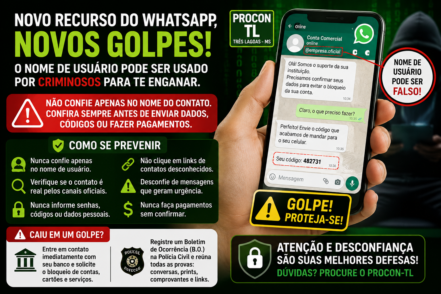 Novo WhatsApp, novo perigo: Procon de Três Lagoas alerta que nome de usuário pode virar arma para golpistas