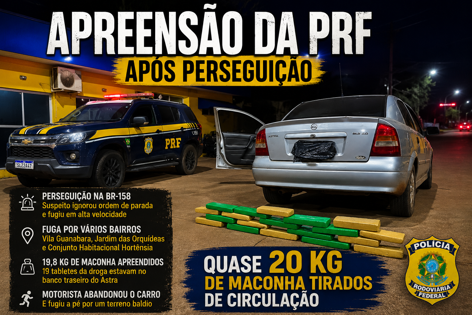 Perseguição policial sai da BR-158, cruza bairros de Três Lagoas e termina com quase 20 kg de maconha apreendidos Perseguição policial sai da BR-158, cruza bairros de Três Lagoas e termina com quase 20 kg de maconha apreendidos