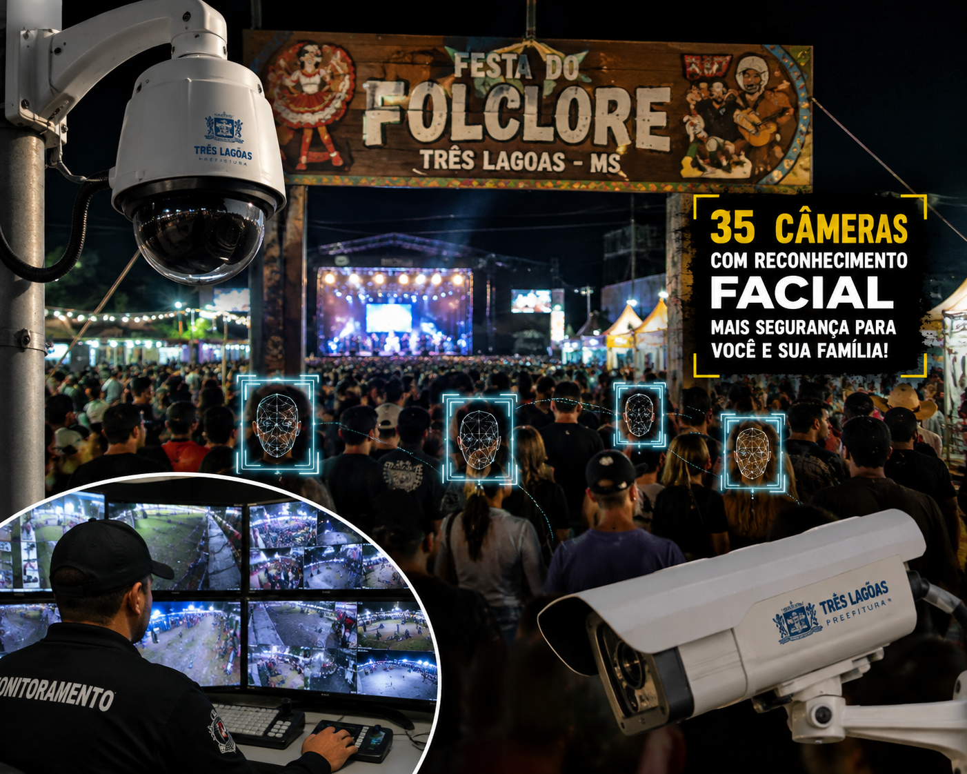 SORRIA, VOCÊ ESTÁ SENDO FILMADO: Festa do Folclore tem 35 câmeras com reconhecimento facial de olho no público em Três Lagoas