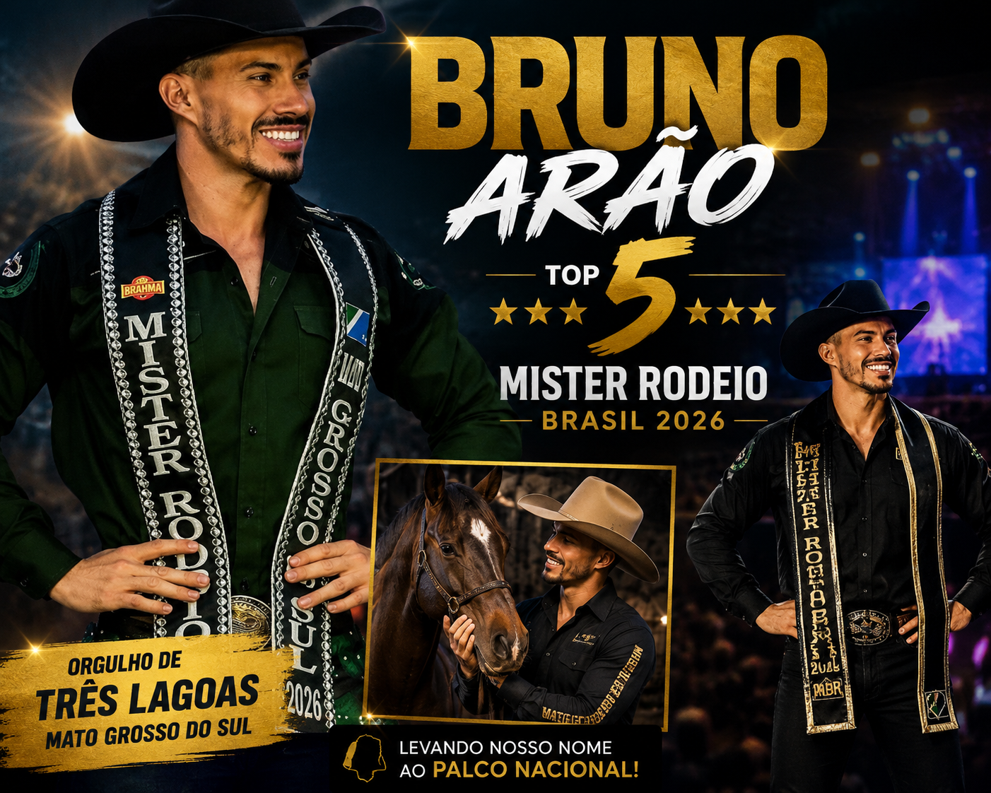14 ANOS DEPOIS, ELE VOLTOU: Bruno Arão coloca Três Lagoas no Top 5 do Mister Rodeio Brasil 2026 em Barretos-SP