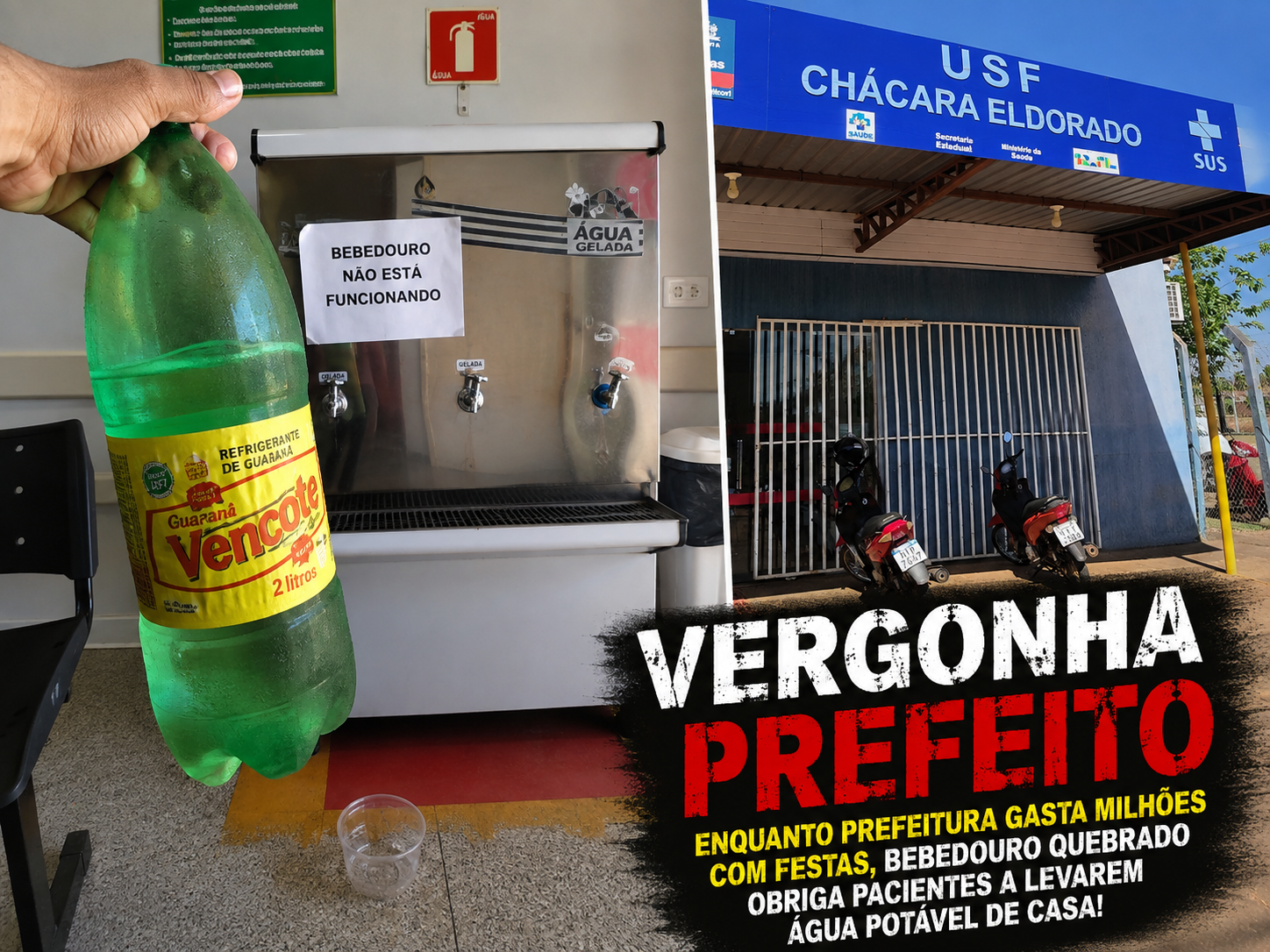 “Milhões para festas, mas nem água para beber”: bebedouro quebrado obriga pacientes a levarem água potável de casa em USF de Três Lagoas