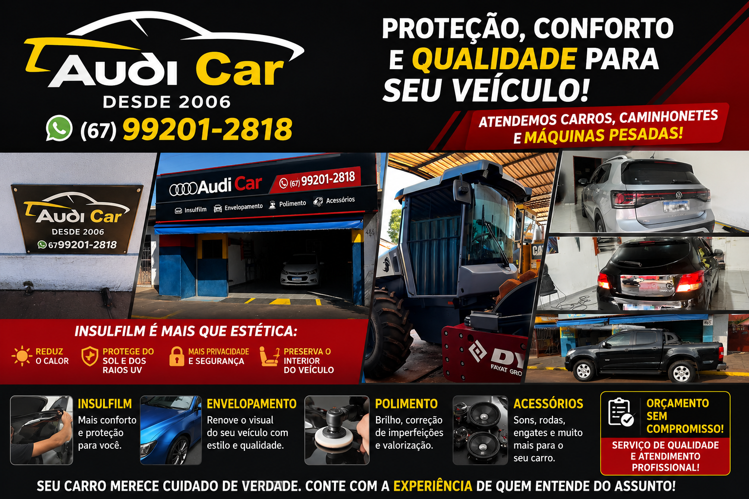 Muito além da estética: Insulfilm ajuda a reduzir calor e protege o interior do carro; Audi Car atende você com serviços especializados em Três Lagoas