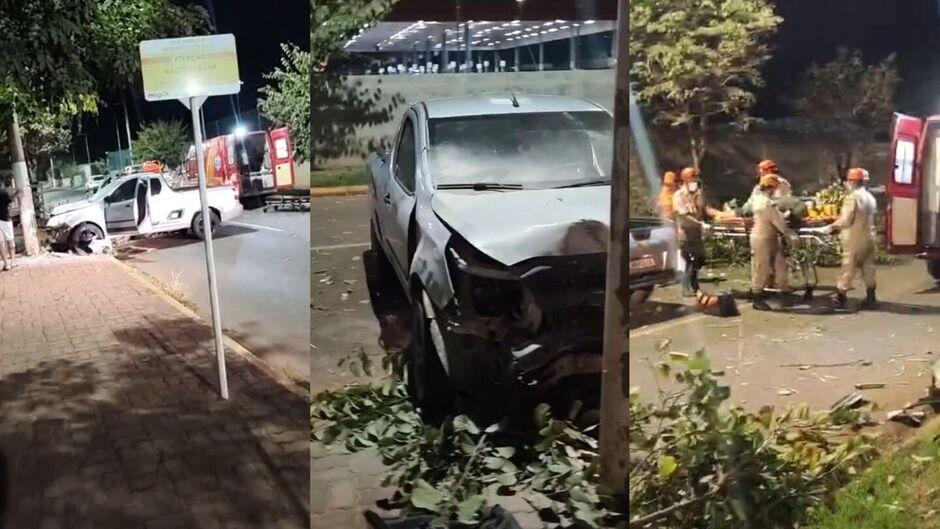 Carro que bateu em veículo, árvores e contra um poste começou a pegar fogo e motorista desmaiado é salvo com ajuda de repórter, um motoboy e um morador da Vila Piloto