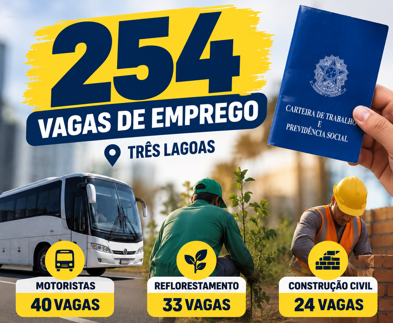 254 vagas de emprego em Três Lagoas: Motoristas, reflorestamento e construção civil concentram maior número de oportunidades nesta sexta