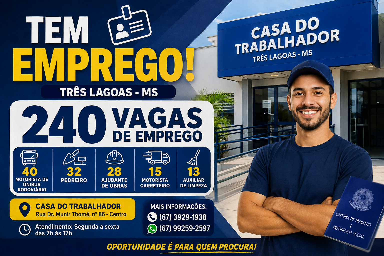 Três Lagoas começa quarta-feira com 240 vagas; motoristas e pedreiros lideram oportunidades