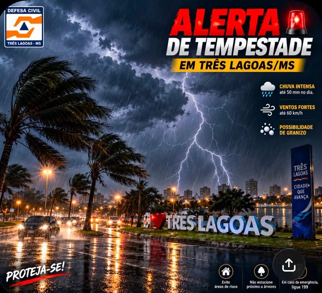 Alerta em Três Lagoas: Ventos podem chegar a 60 km/h e há risco de granizo neste sábado