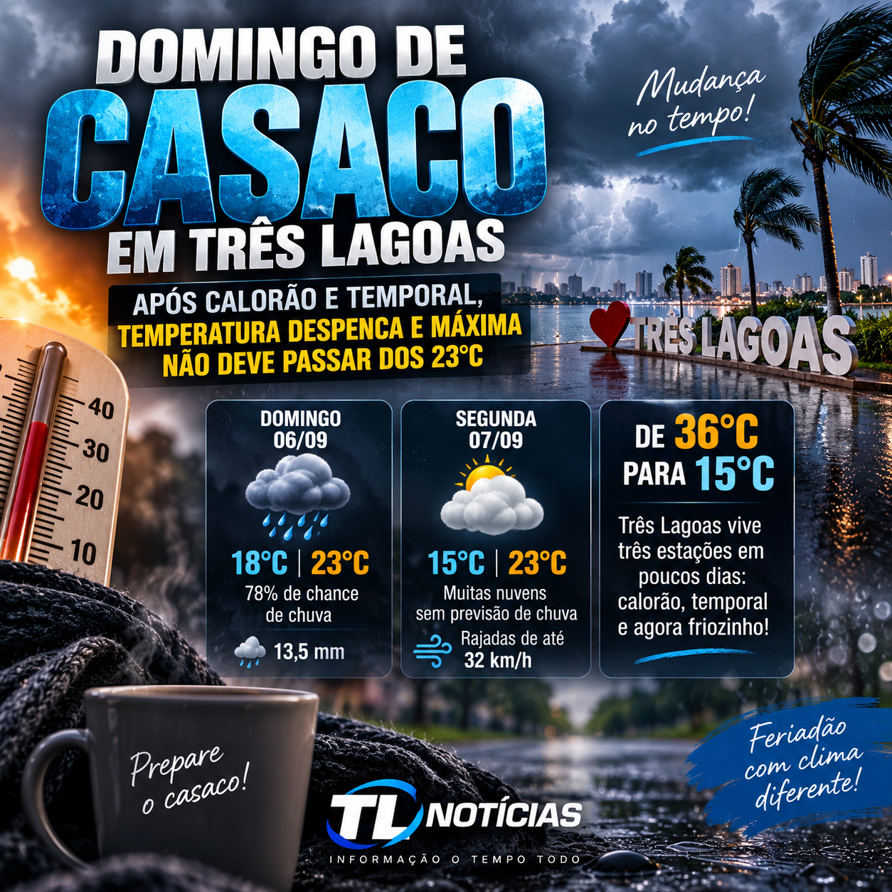 Três Lagoas despenca de 36°C para mínima de 15°C no feriadão; veja como fica o tempo