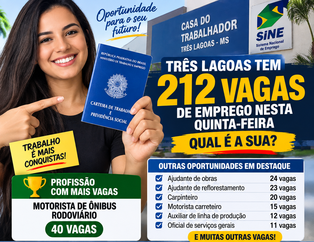 Procurando emprego? Casa do Trabalhador tem 212 vagas nesta quinta em Três Lagoas; veja qual profissão lidera