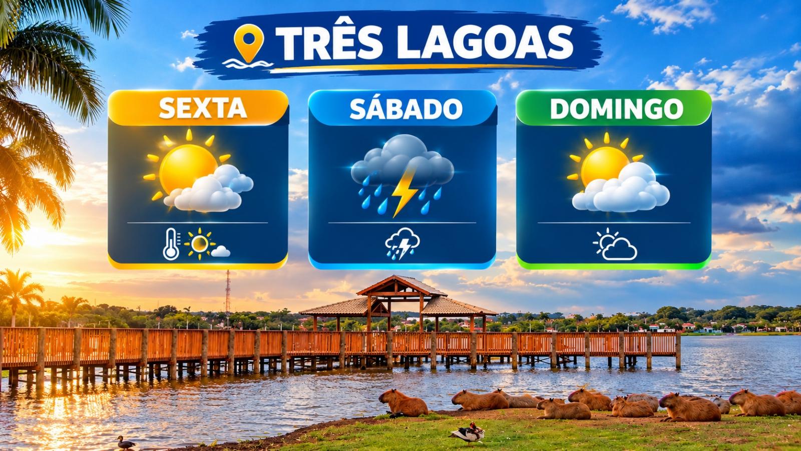 Veja como fica o tempo em Três Lagoas que marca calor, possibilidades de tempestades e tempo instável neste final de semana