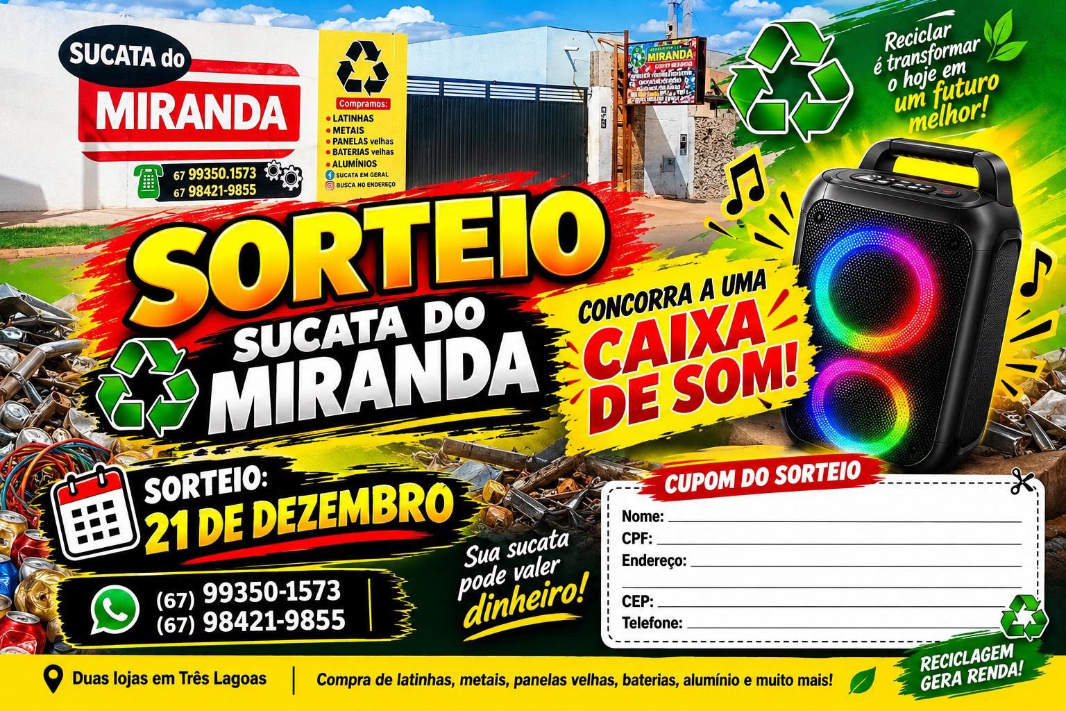 Comece a semana com dinheiro: Venda suas latinhas e sucatas e ainda concorra a uma caixa de som no Sucata do Miranda