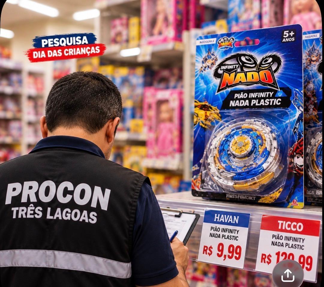 Dia das Crianças: Pião Infinity custa R$ 9,99 em uma loja e R$ 129,99 em outra; diferença de 1.201% assusta consumidores em Três Lagoas