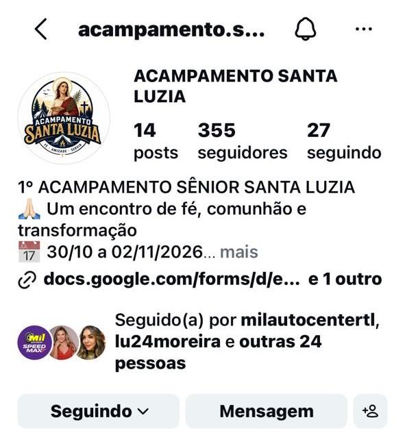 Participe do 1º acampamento Sênior Santa Luzia em Três Lagoas e viva momentos de fé, reflexão e renovação espiritual Participe do 1º acampamento Sênior Santa Luzia em Três Lagoas e viva momentos de fé, reflexão e renovação espiritual