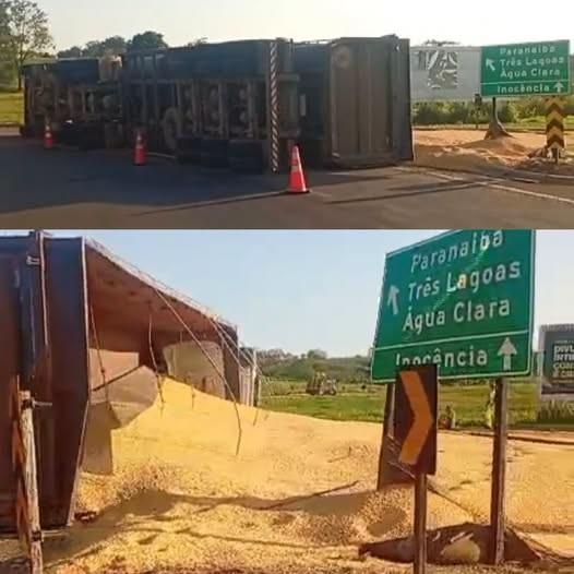 Mais um acidente: Carreta carregada de milho tomba em rotatória entre Três Lagoas e Inocência, trecho que já foi palco de vários acidentes