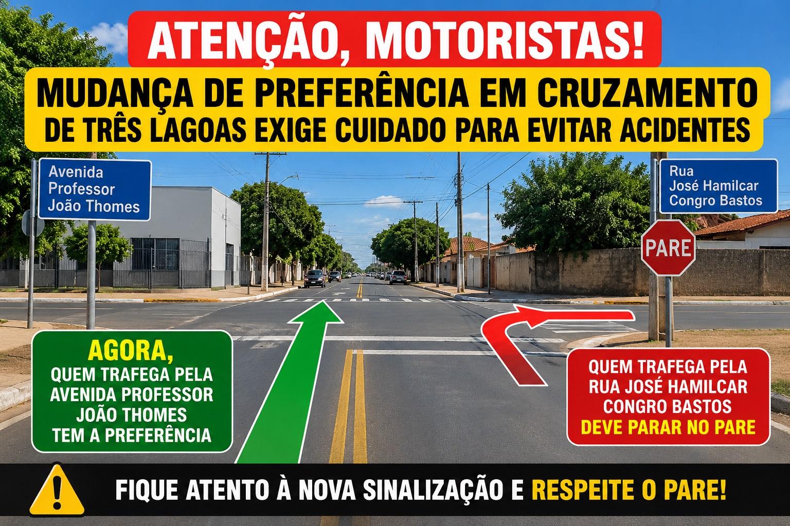 Atenção, motoristas! Mudança de preferência em cruzamento de Três Lagoas exige cuidado para evitar acidentes