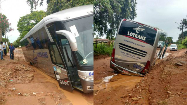Ônibus com trabalhadores atola em rua de Três Lagoas e quase tomba Ônibus com trabalhadores atola em rua de Três Lagoas e quase tomba
