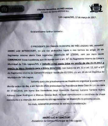 Oficio assinado por vereadores pede votação da mesa diretora 2019/2020