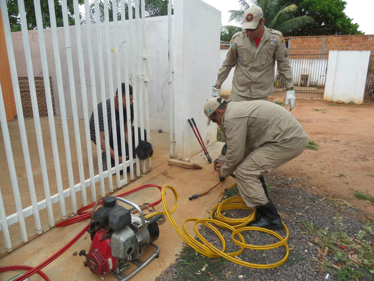 Desencarcerador hidráulico é usado para resgatar Poodle preso em portão 
