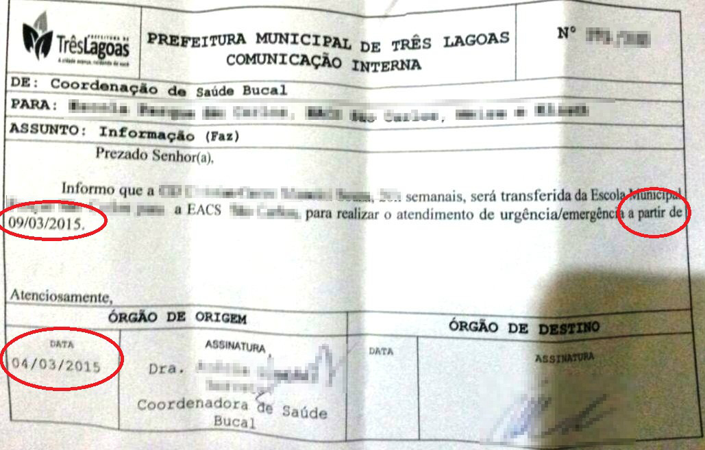Documento confirma o cancelamento nos atendimentos dentários aos alunos das escolas públicas Documento confirma o cancelamento nos atendimentos dentários aos alunos das escolas públicas