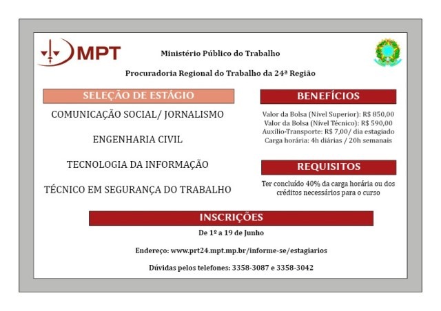 MPT/MS lança seleção para estágio em Comunicação, Engenharia Civil, Tecnologia da Informação e Técnico em Segurança do Trabalho