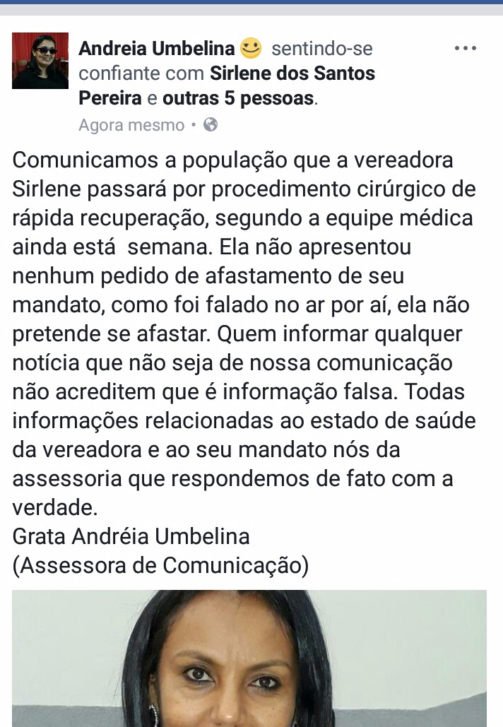 Assessora de Sirlene da Saúde acusa imprensa de criar boatos sobre estado clínico da parlamentar