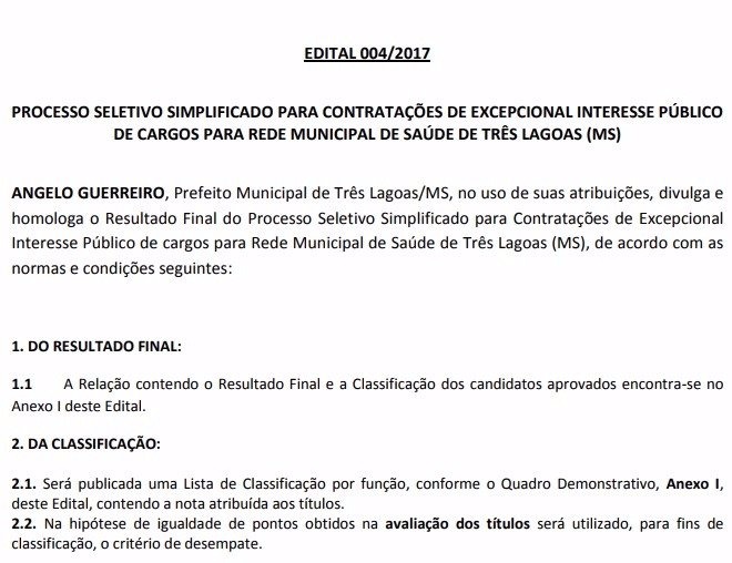 Prefeitura divulga resultado final de processo seletivo simplificado