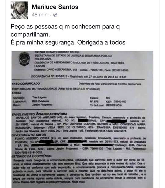 Para garantir sua segurança, mulher registra ocorrência e compartilha no facebook