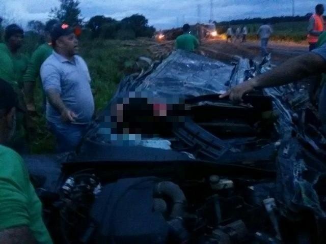 Carregamento de eucalipto cai sobre veículo e fere duas pessoas na BR-262