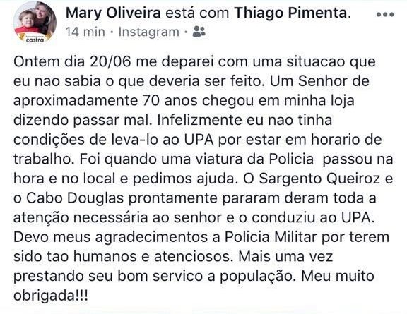 Três-lagoense usa as redes sociais para agradecer a Polícia Militar