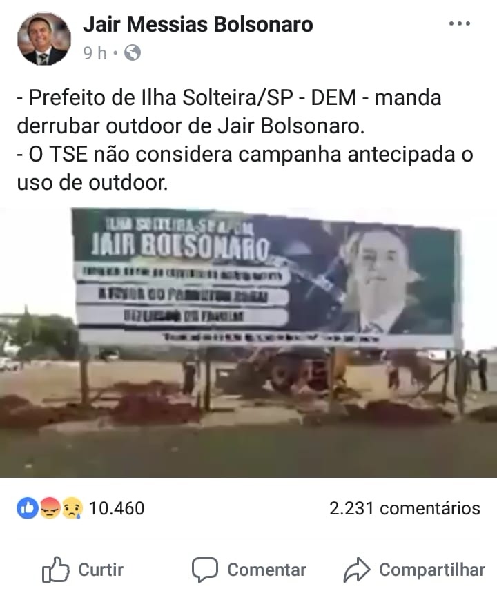 Bolsonaro repercute ação que derrubou outdoor em Ilha Solteira Bolsonaro repercute ação que derrubou outdoor em Ilha Solteira