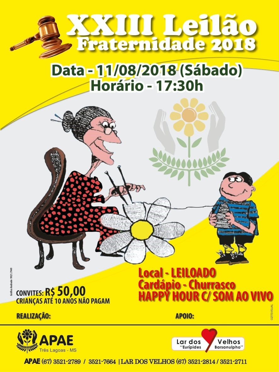 APAE e Lar dos Velhos realizarão Leilão da Fraternidade em Três Lagoas