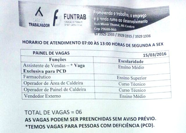 Vejas as vagas de trabalho para esta terça-feira em Três Lagoas Vejas as vagas de trabalho para esta terça-feira em Três Lagoas