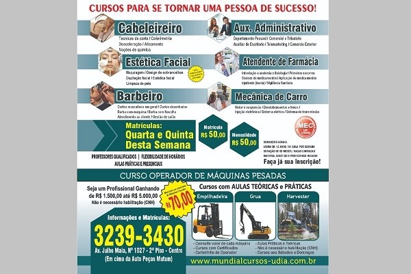 Mundial Cursos trás para Água Clara curso de Operador de Máquinas Pesadas; vagas limitadas